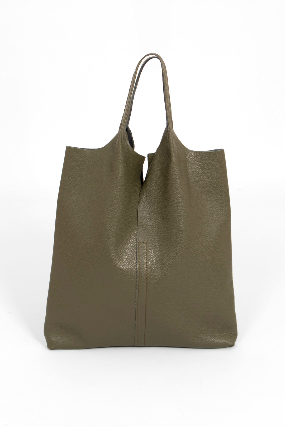 the khaki green tote bag is standing upright. the image shows the back of the bag. the whole design is plain khaki green and made from genuine italian leather.