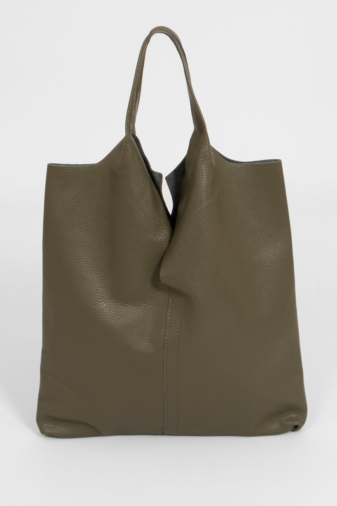 khaki green pebbled leather tote bag with top carry handles. this bag is designed to be worn over the shoulder