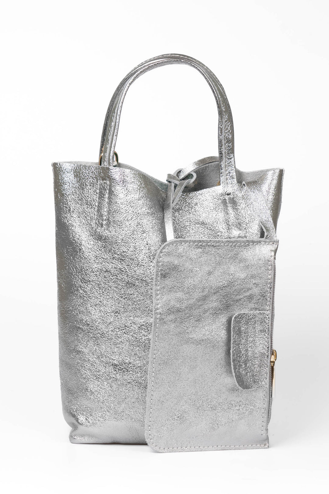 verona-italian-leather-small-tote-bag-pewter-metallic-front-view-showing-internal-wallet