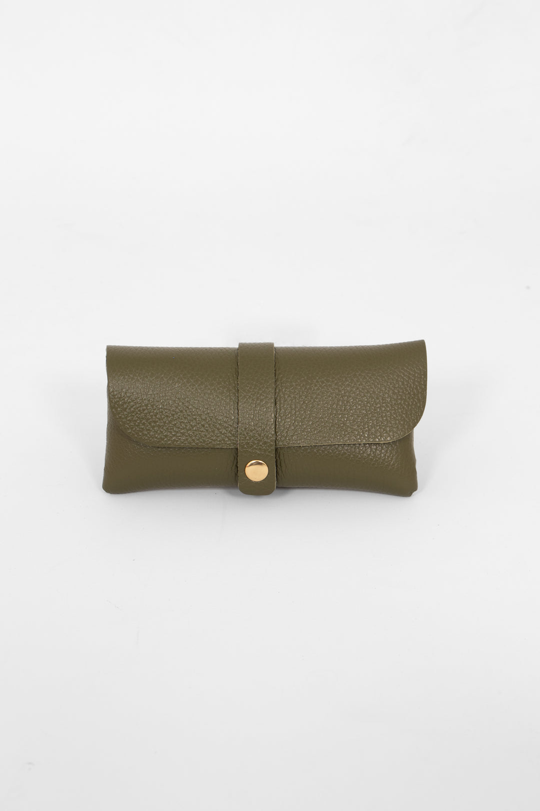 pebbled khaki green leather sunglasses case. the case wraps around the glasses and closes with a front gold button fastening