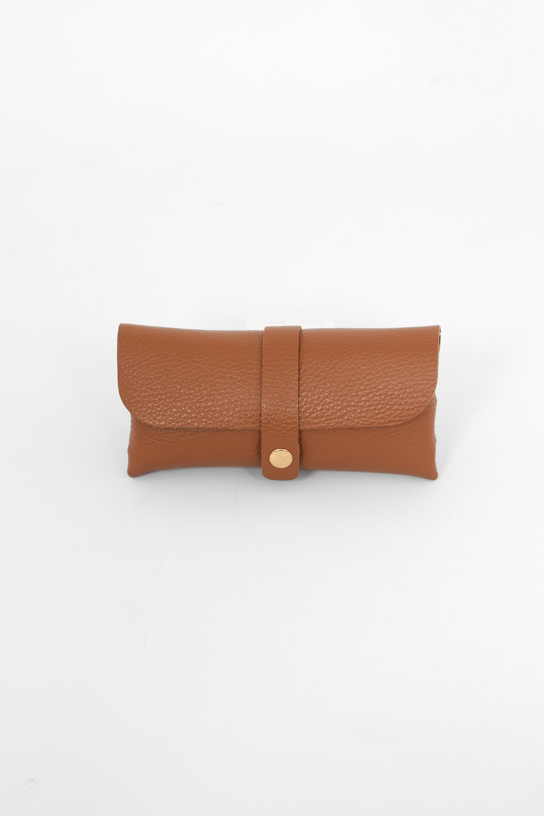 pebbled tan brown leather sunglasses case. the case wraps around the glasses and closes with a front gold button fastening