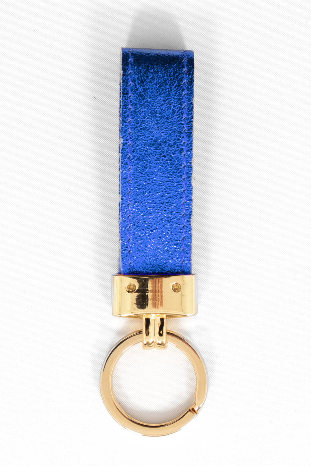 metallic blue leather loop keyring with a gold loop attachment. 