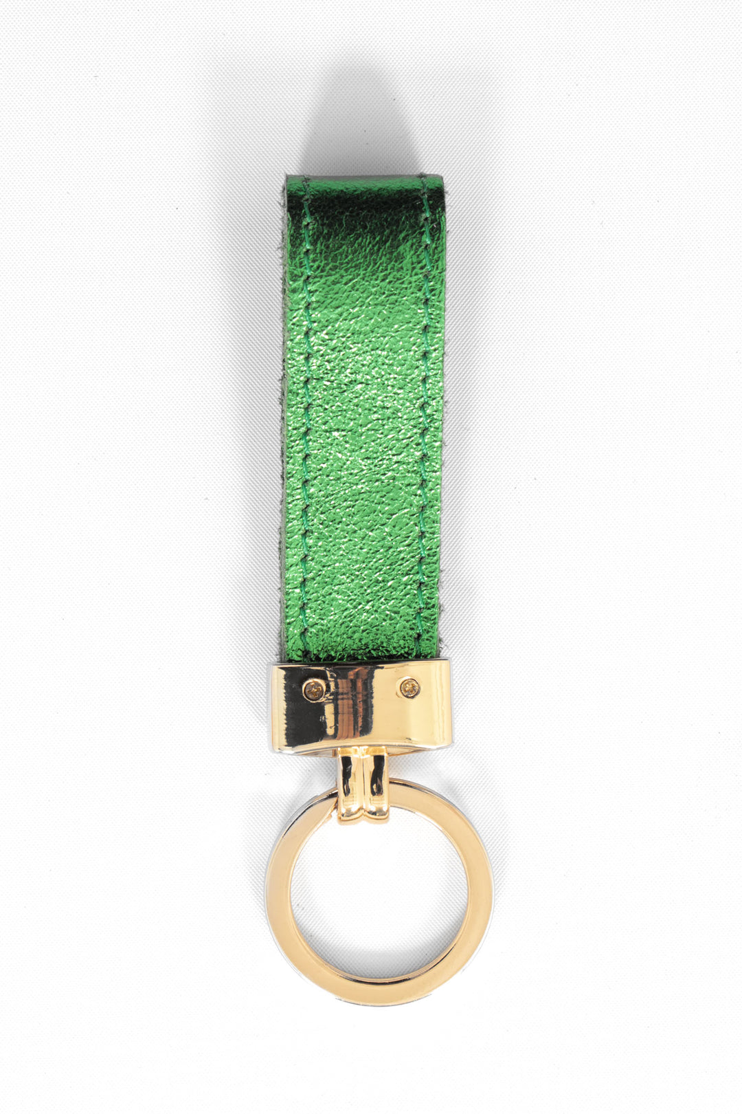 metallic green leather loop keyring with a gold loop attachment. 