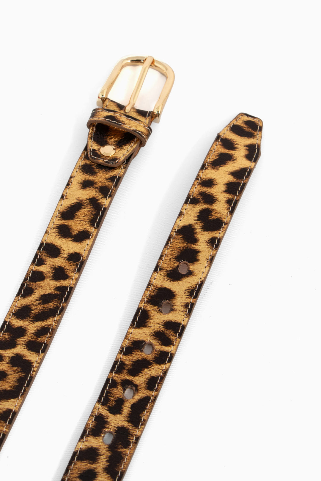 natural leopard print 3cm leather belt with cut out notches and gold buckle and pin