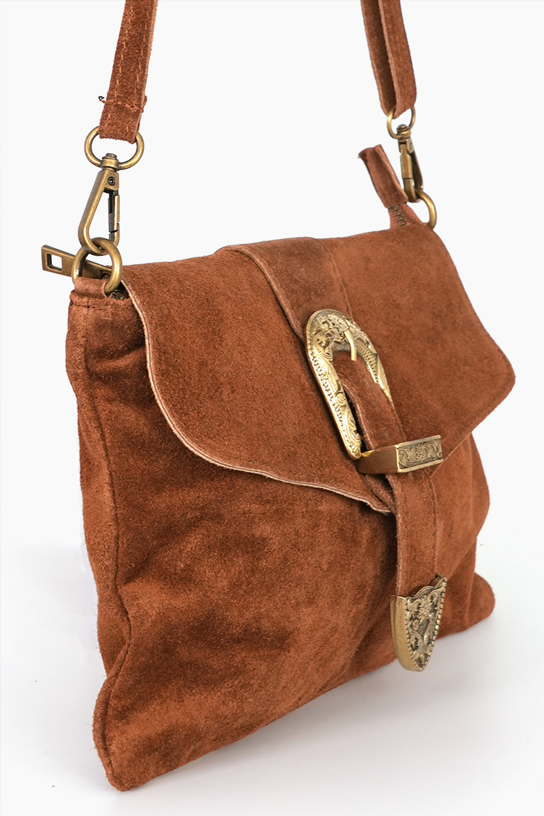 Buckle-Clutch-Bag-Italian-Suede-Leather-in-Tan-Side-Showing-Magnetic-Buckle-Closure