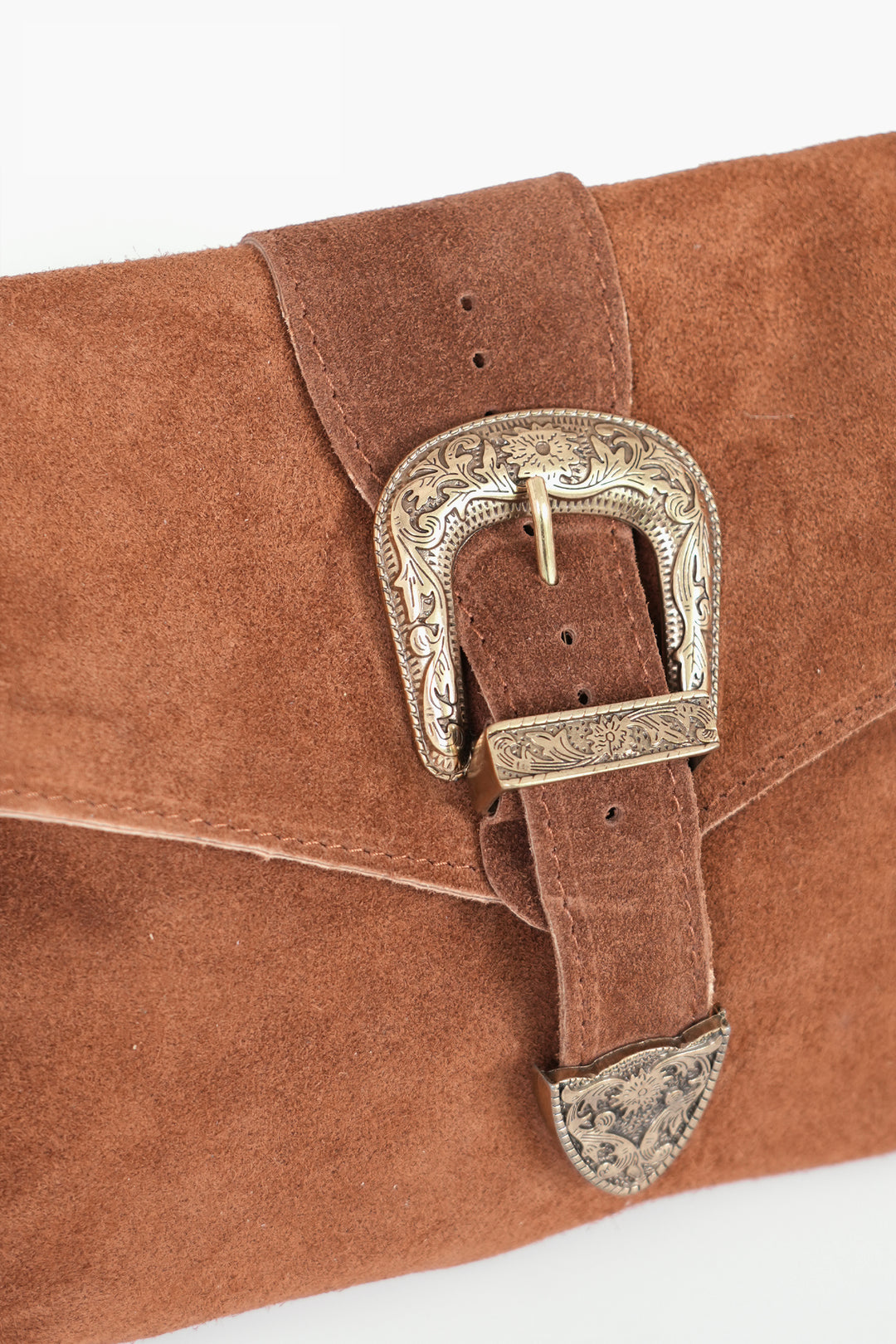 Buckle-Clutch-Bag-Italian-Suede-Leather-in-Tan-Showing-Magnetic-Buckle-Closure