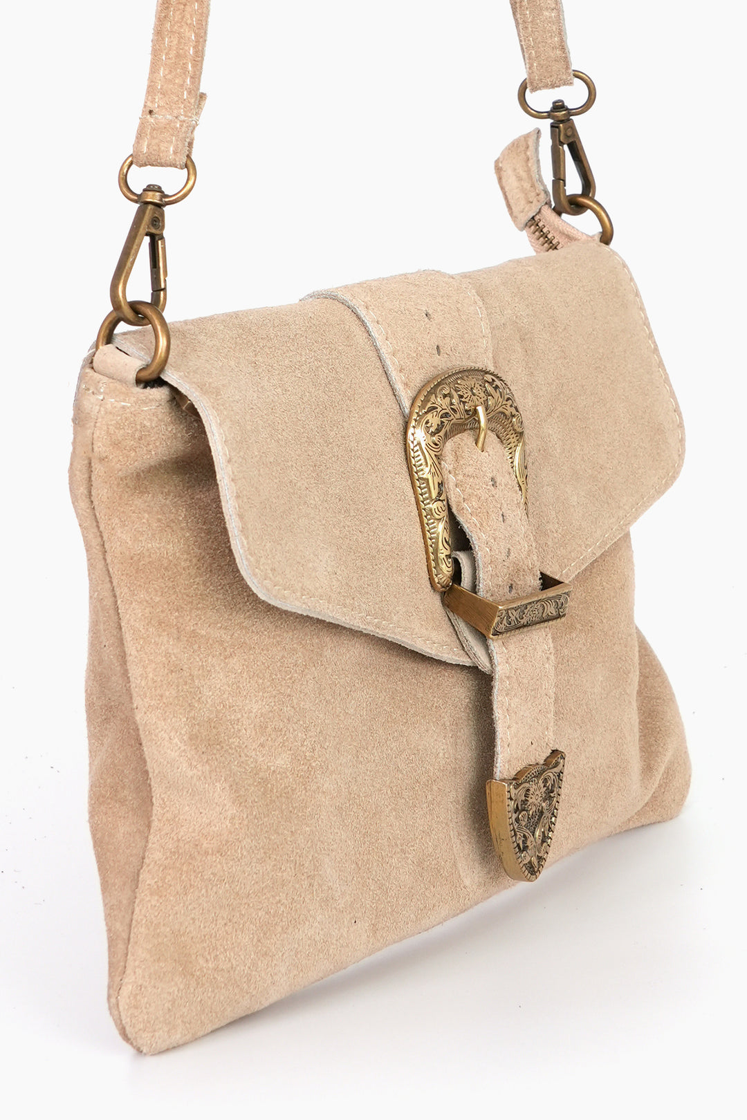 Buckle-Clutch-Bag-Italian-Suede-Leather-in-Taupe-Side-Showing-Magnetic-Buckle-Closure