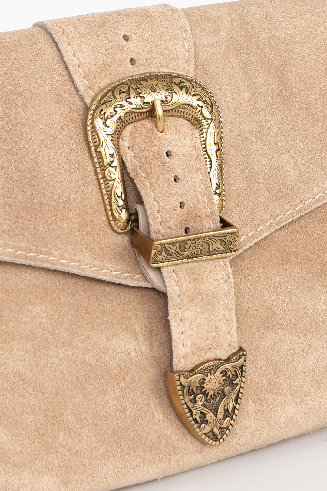 Buckle-Clutch-Bag-Italian-Suede-Leather-in-Taupe-Showing-Magnetic-Buckle-Closure
