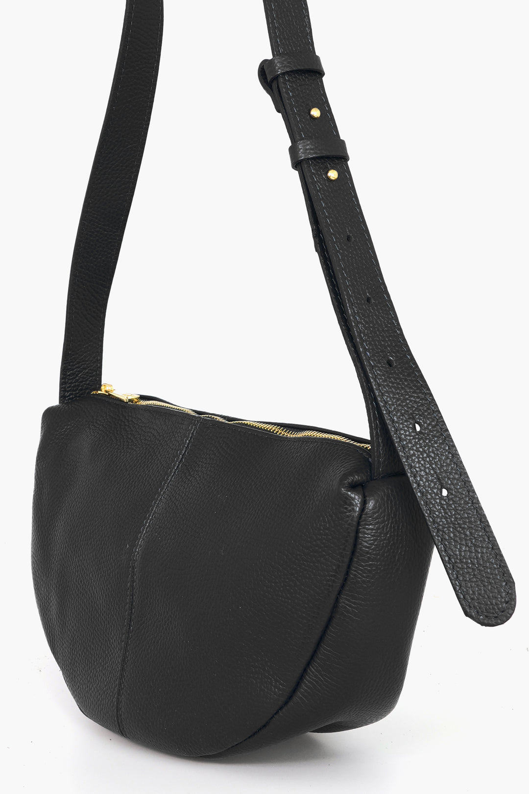 Half-Moon-Crossbody-Bag-Pebbled-Italian-Leather-in-Black-Side-Showing-Adjustable-Strap