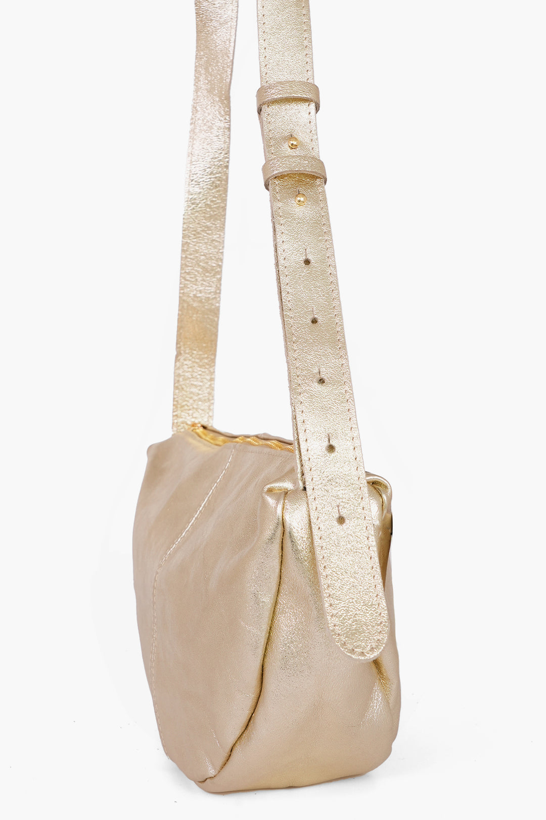 Half-Moon-Crossbody-Bag-Metallic-Italian-Leather-in-Gold-Side-Showing-Adjustable-Strap