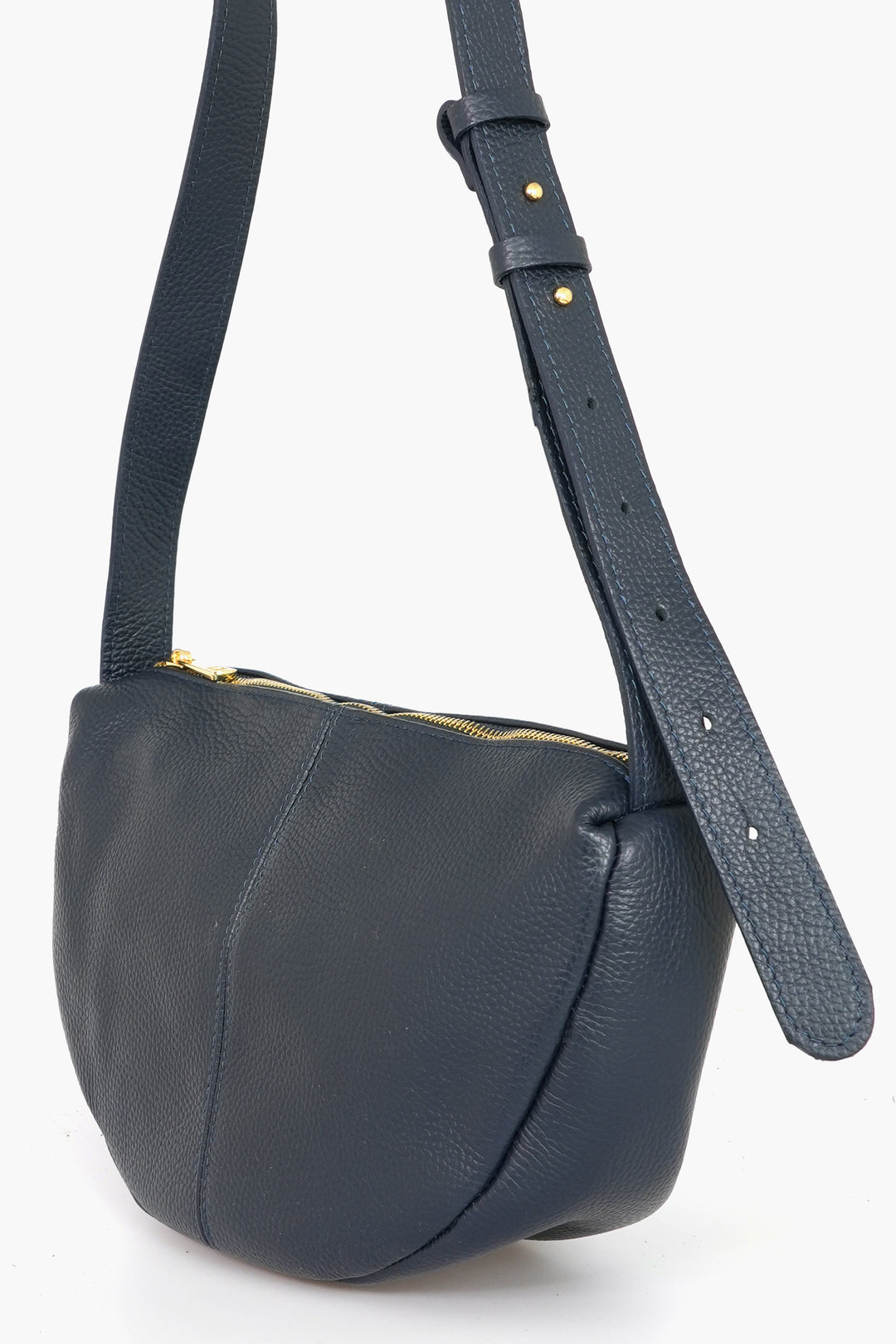 Half-Moon-Crossbody-Bag-Pebbled-Italian-Leather-in-Navy-Blue-Side-Showing-Adjustable-Strap