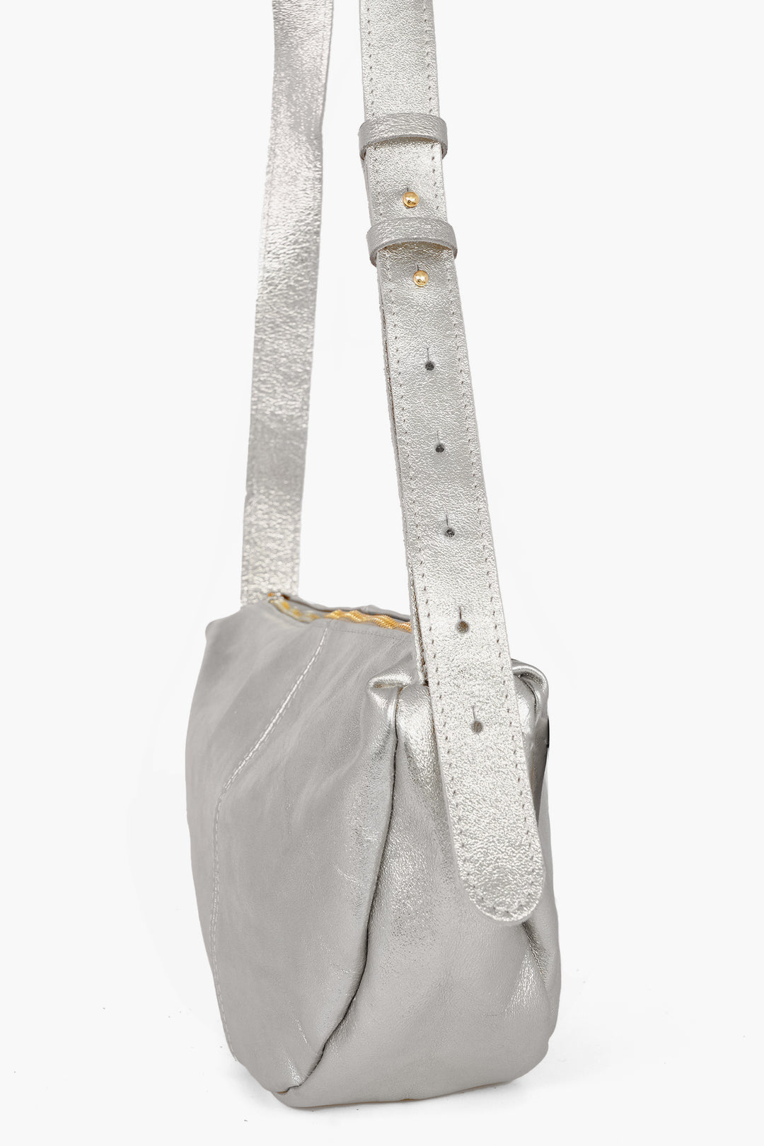 Half-Moon-Crossbody-Bag-Metallic-Italian-Leather-in-Silver-Side-Showing-Adjustable-Strap