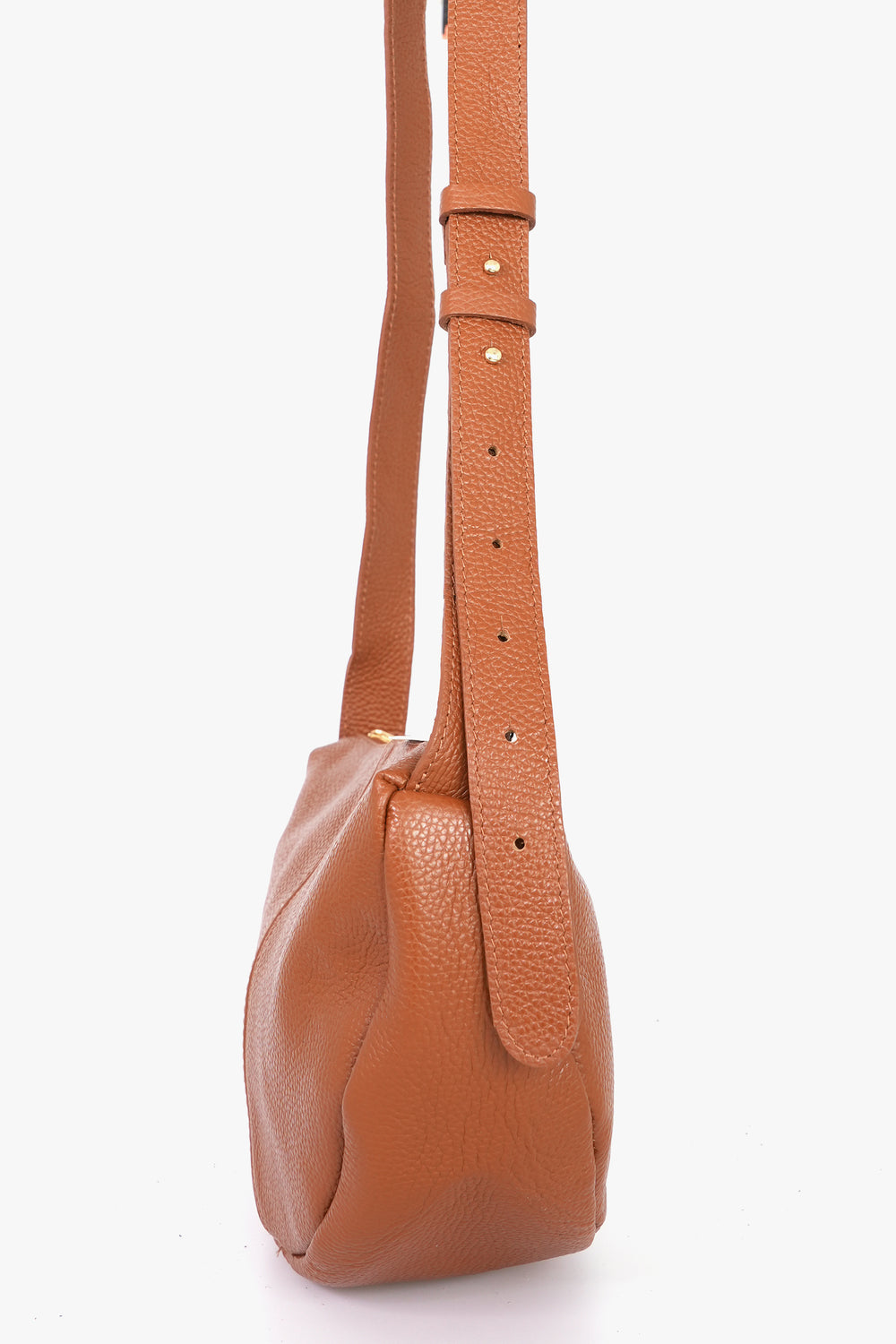 Half-Moon-Crossbody-Bag-Pebbled-Italian-Leather-in-Tan-Side-Showing-Adjustable-Strap