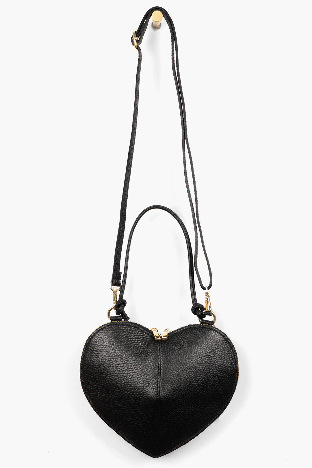 Heart-Crossbody-Bag-Pebbled-Italian-Leather-in-Black-Front-Showing-Adjustable-Strap