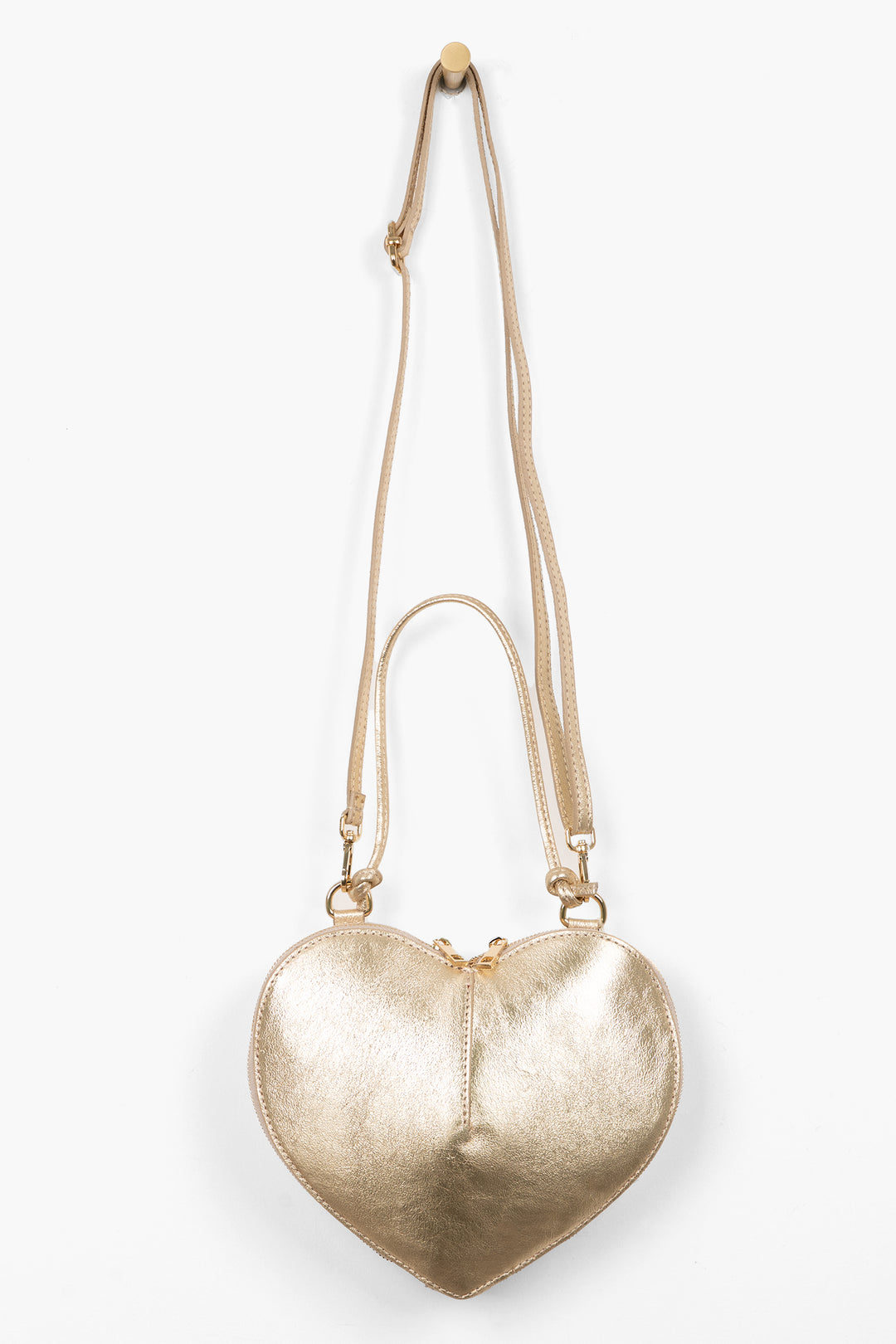 Heart-Crossbody-Bag-Metallic-Italian-Leather-in-Gold-Front-Showing-Adjustable-Strap