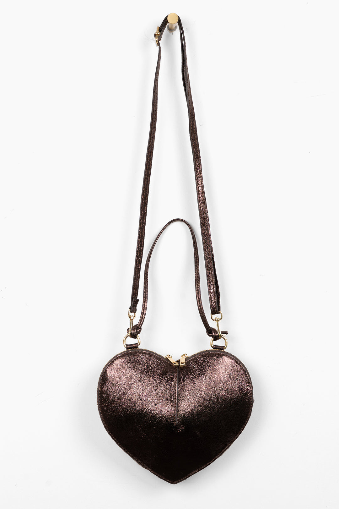 Heart-Crossbody-Bag-Metallic-Italian-Leather-in-Bronze-Front-Showing-Adjustable-Strap