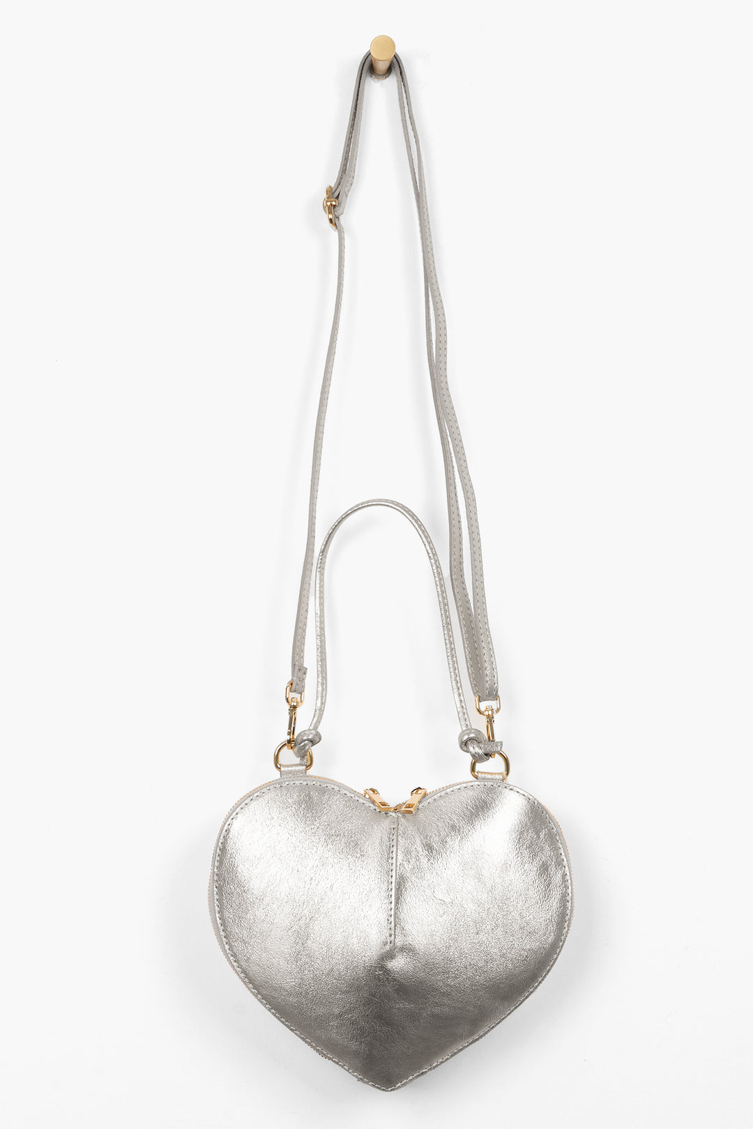 Heart-Crossbody-Bag-Metallic-Italian-Leather-in-Silver-Front-Showing-Adjustable-Strap