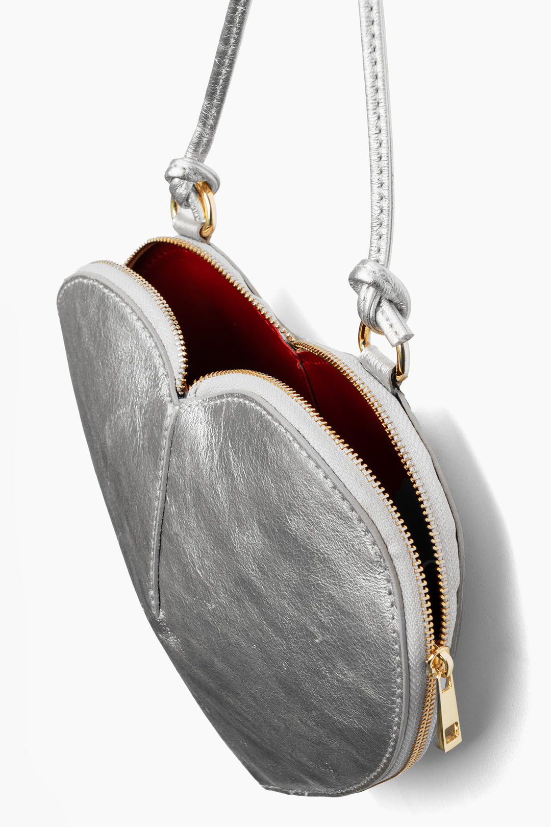 Heart-Crossbody-Bag-Metallic-Italian-Leather-in-Silver-Top-Showing-Opening
