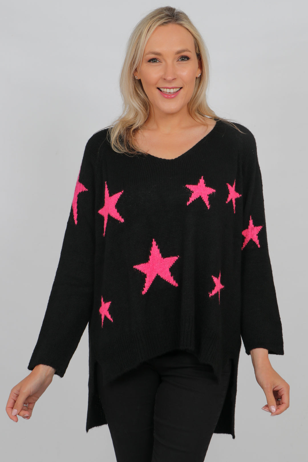 Black Fuchsia Wool Blend Scattered Star Print Jumper
