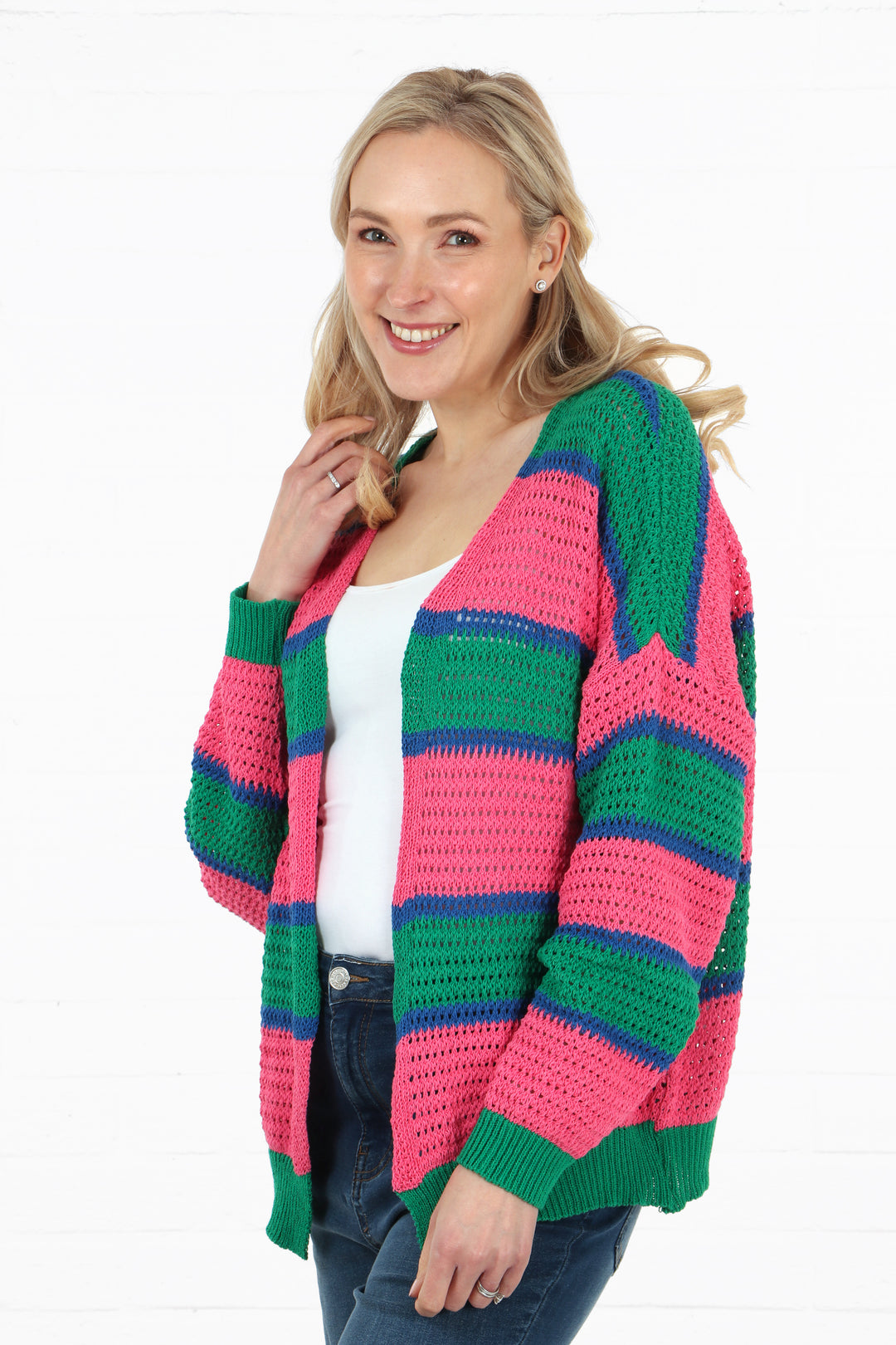 model showing the side view of the pink, green and blue striped cardigan
