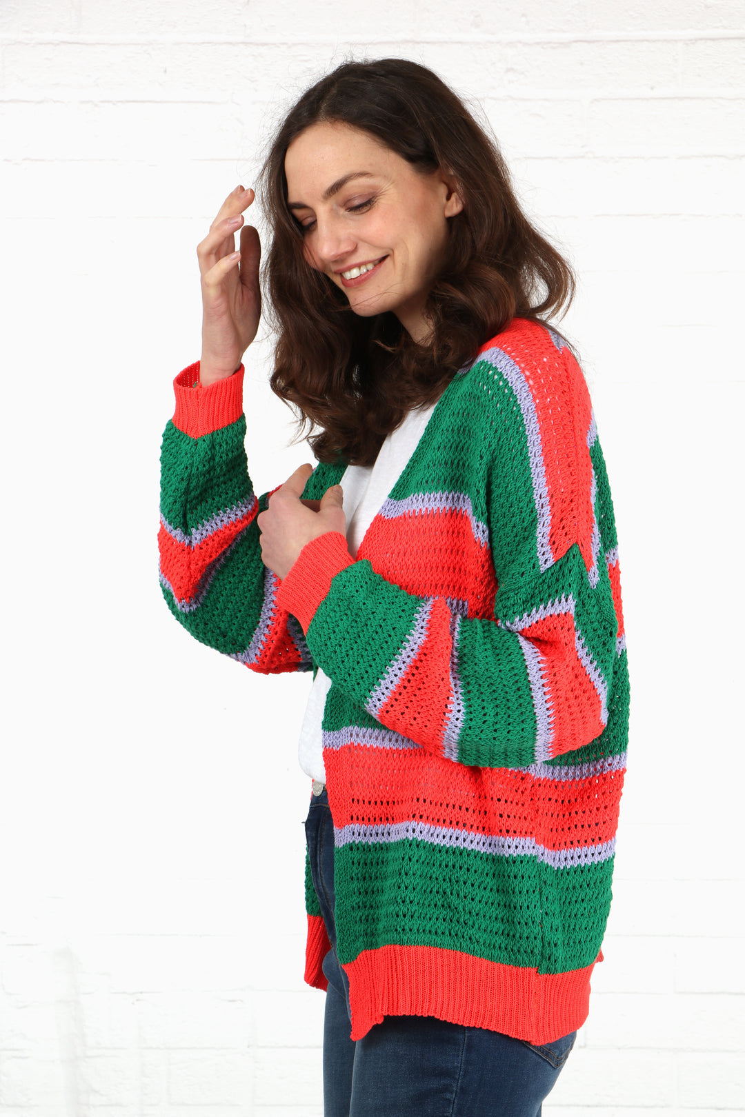 model showing the side view of the open knit cardigan showing an all over pattern