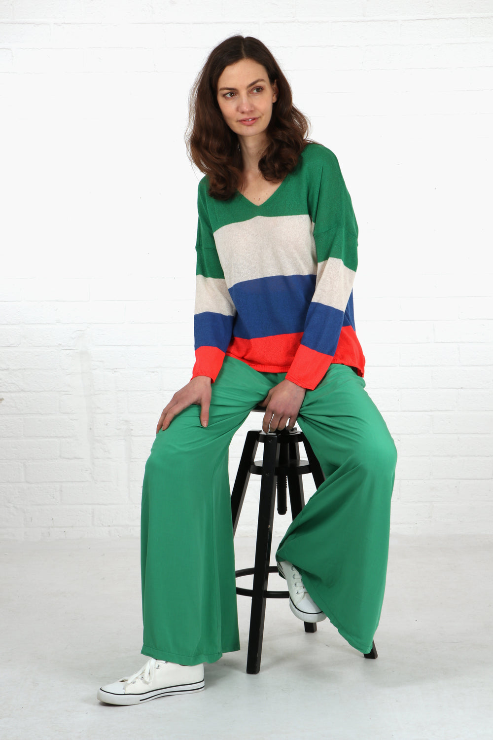 multicoloured colour block stripe jumper in green, cream, blue and orange