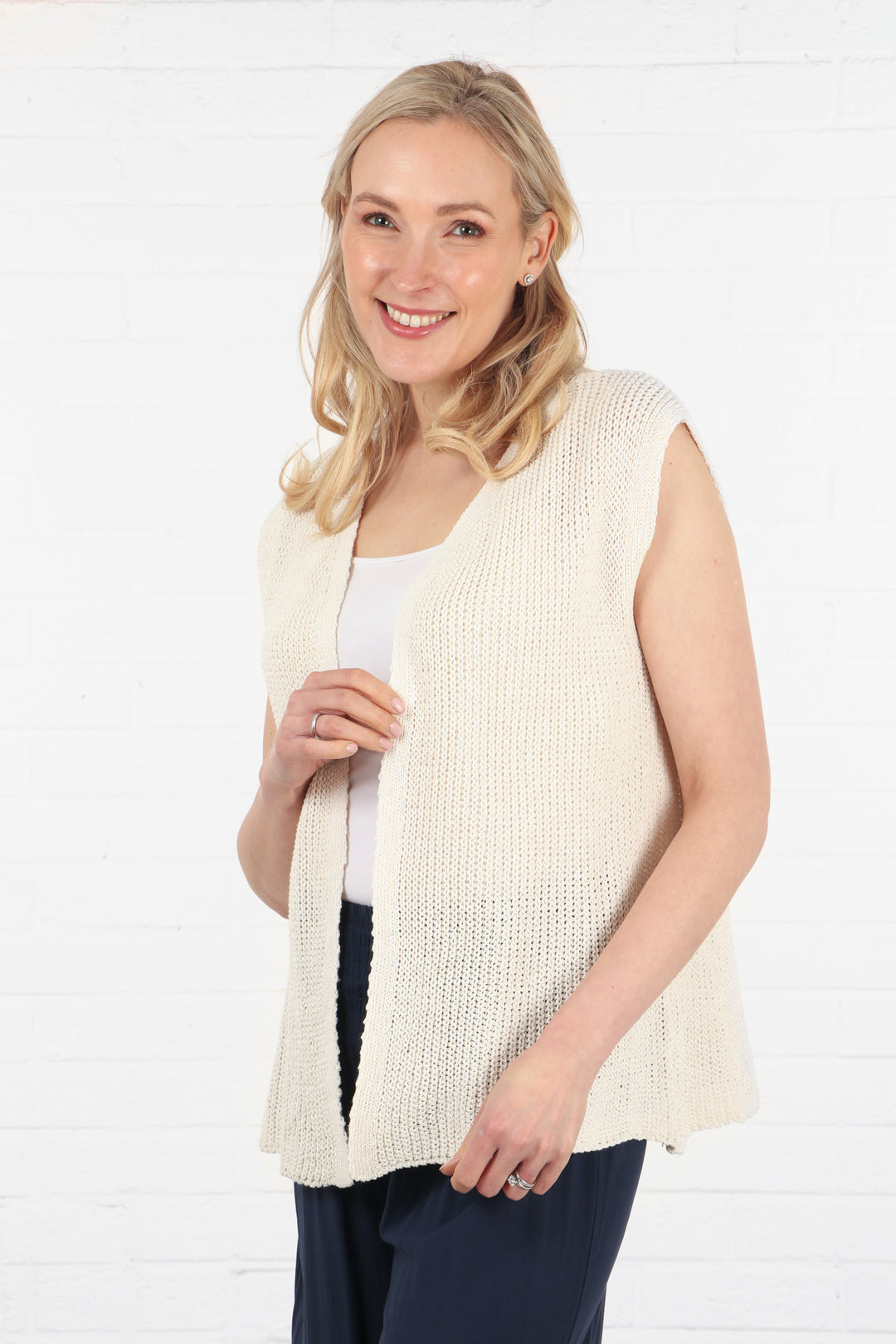 open knit sleeveless cotton knitted waistcoat in cream