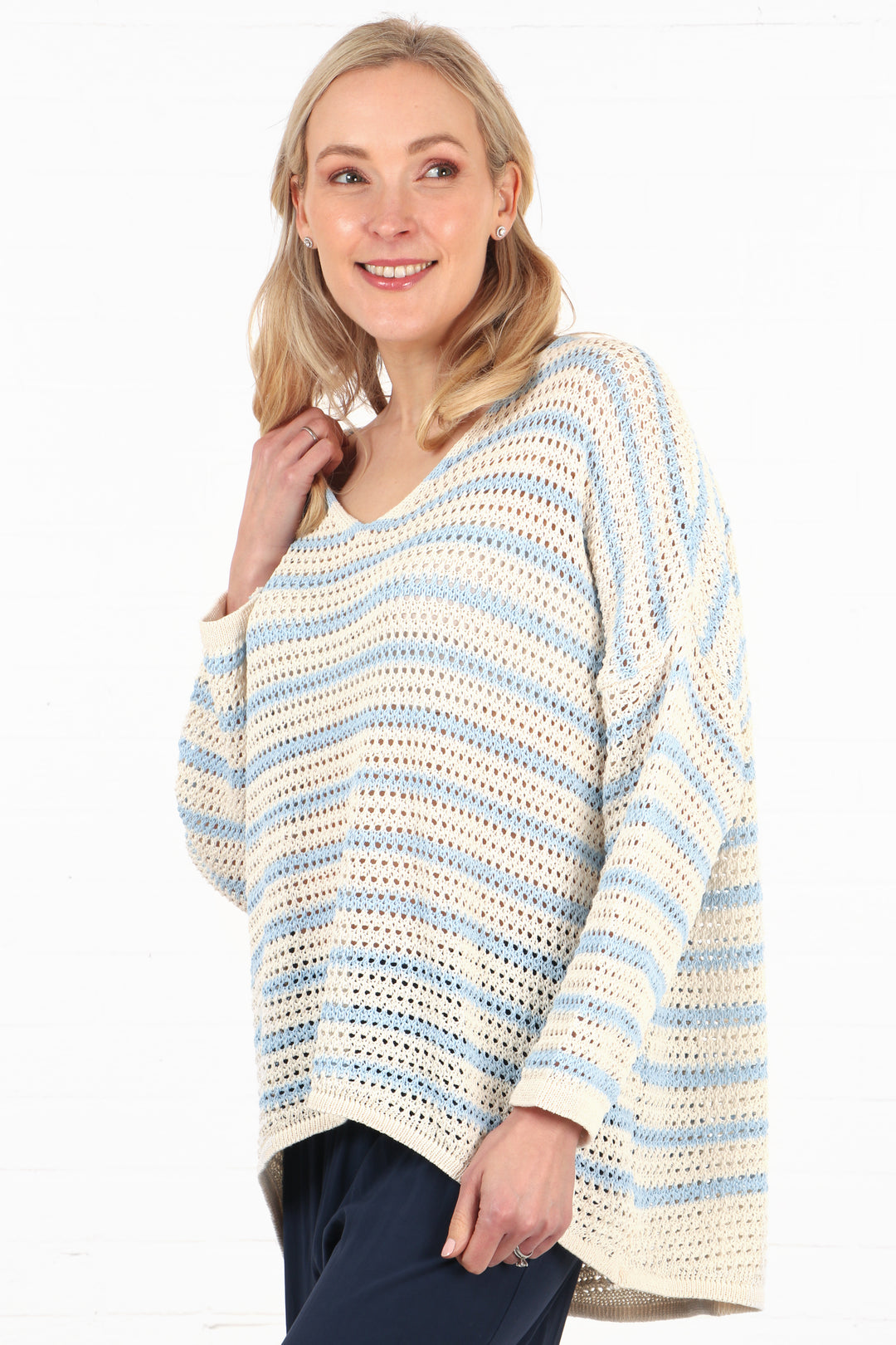 blue and cream cotton knitted jumper in a relaxed loose fit 
