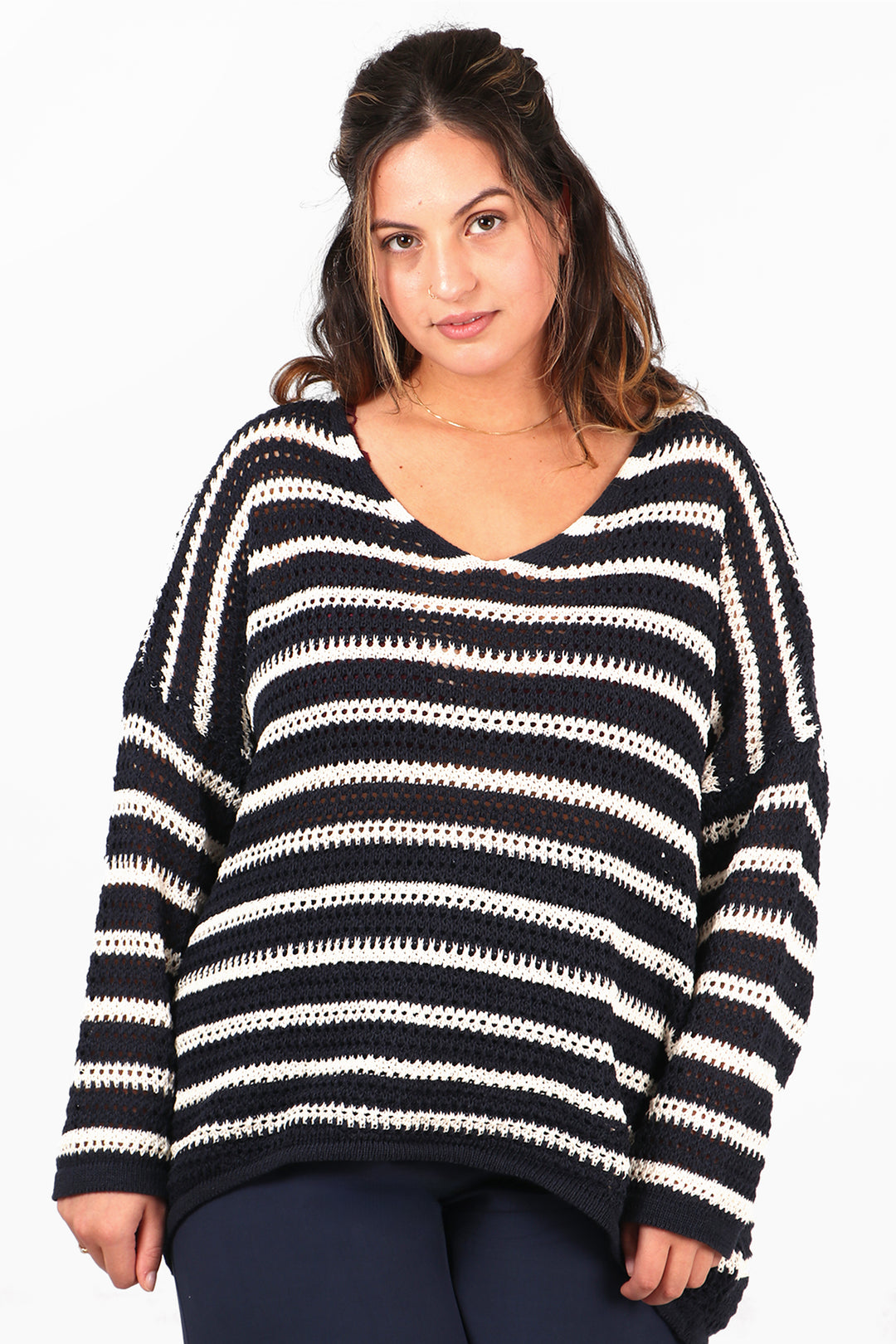 navy blue striped cotton jumper in an open knit fabric