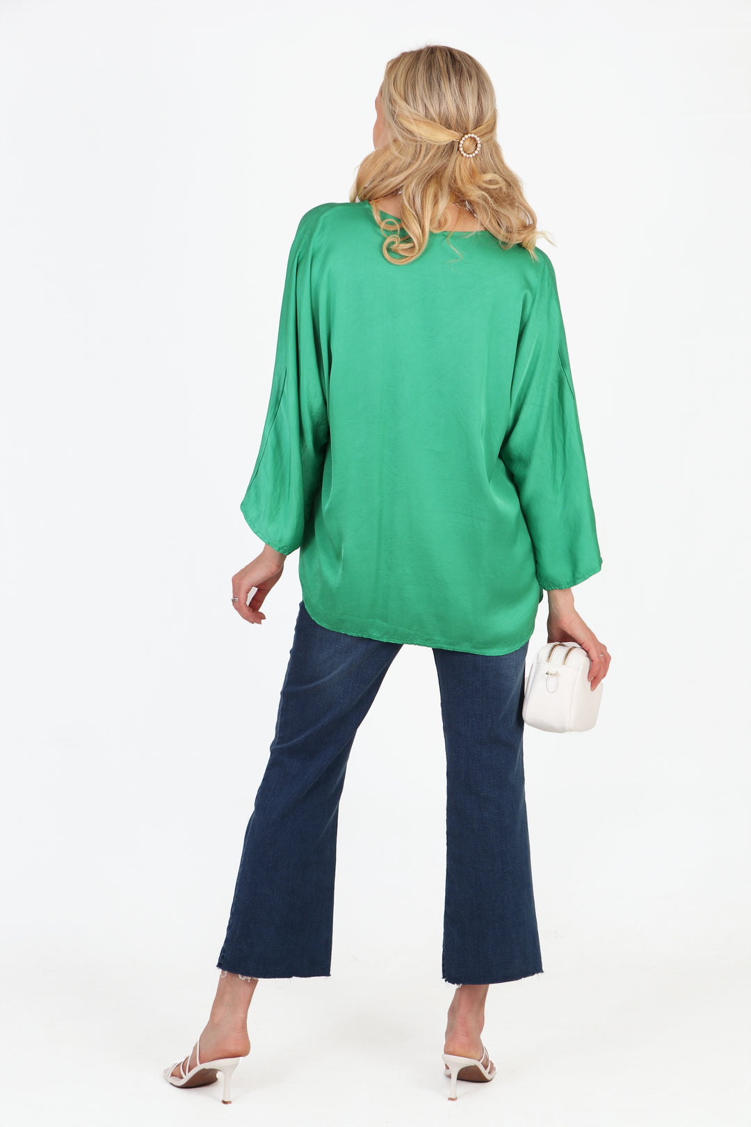 Oversized Button Down Silk Textured Blouse in Green