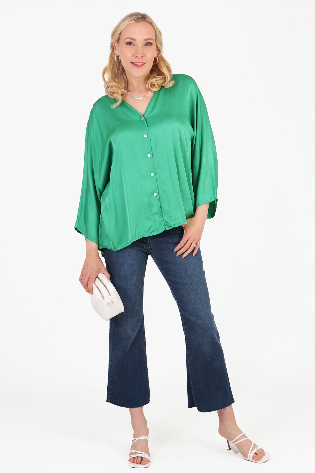 Oversized Button Down Silk Textured Blouse in Green