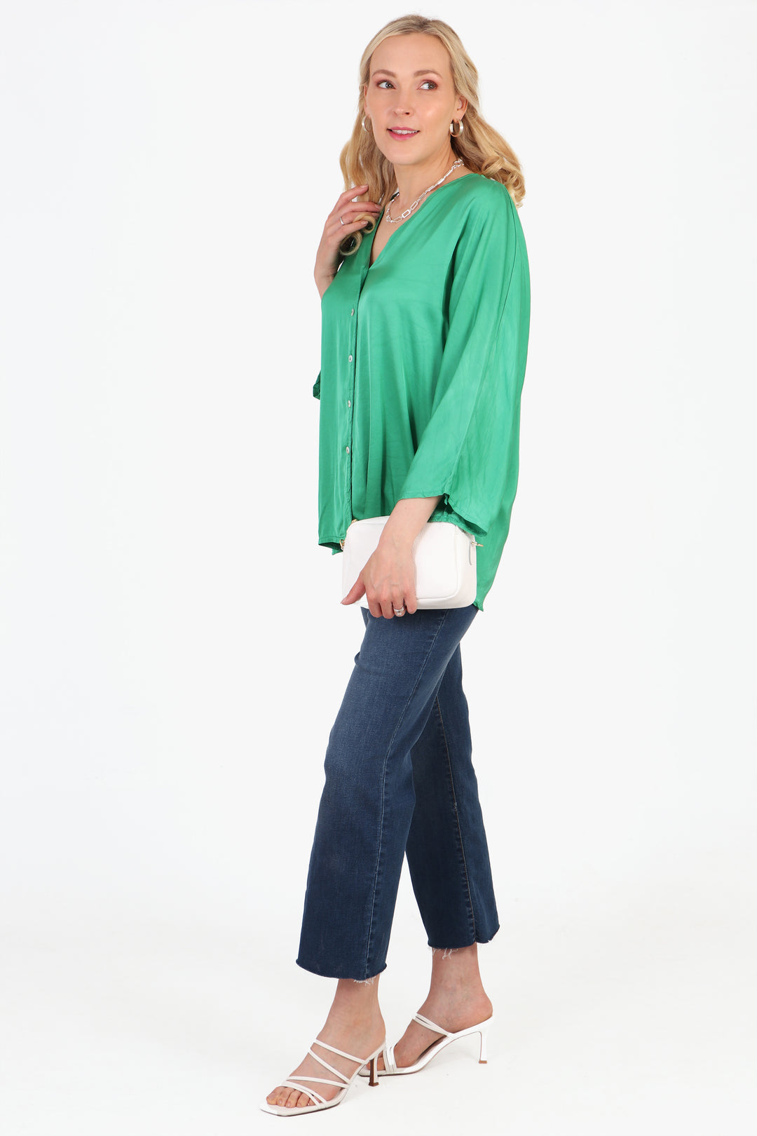 Oversized Button Down Silk Textured Blouse in Green