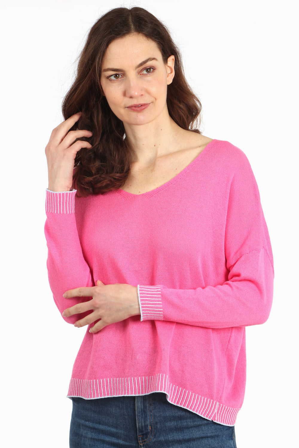 pink and light blue contrast trim ladies cotton jumper