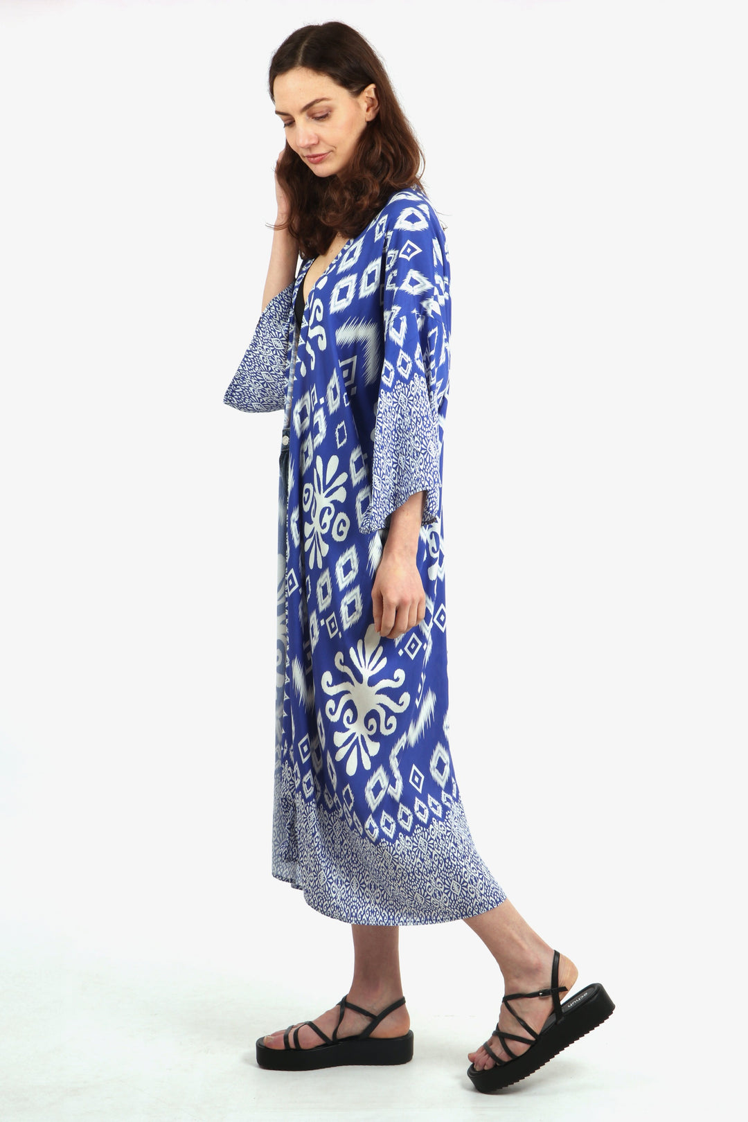 midi length blue and white ikat kimono robe 