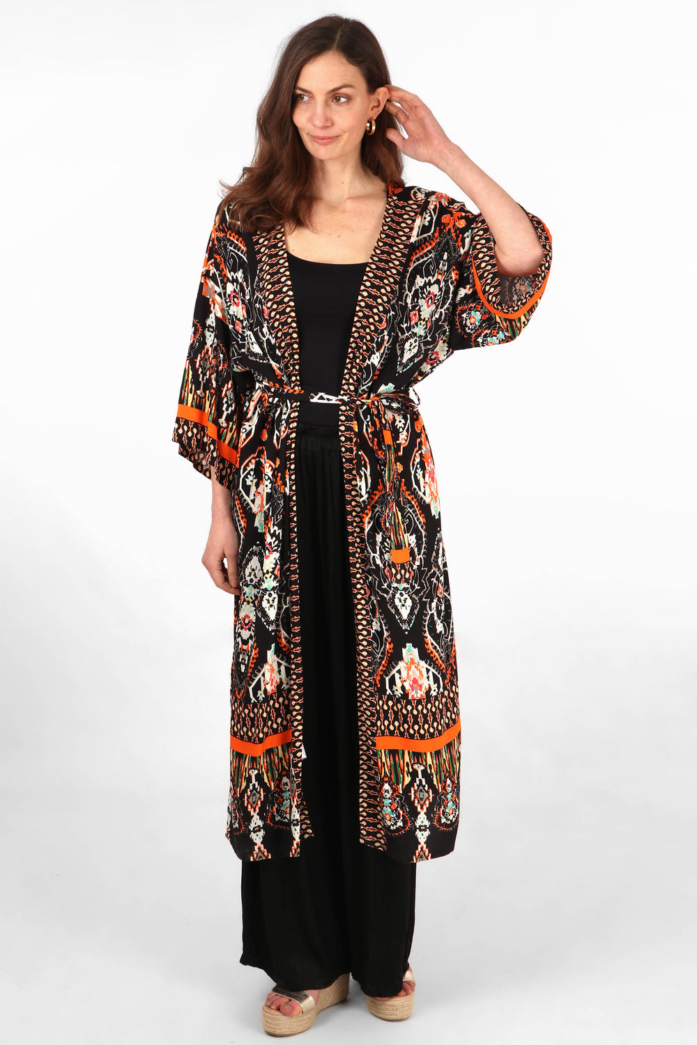 orange and black mandala print open front long kimono robe with waist belt tie and 3/4 sleeves