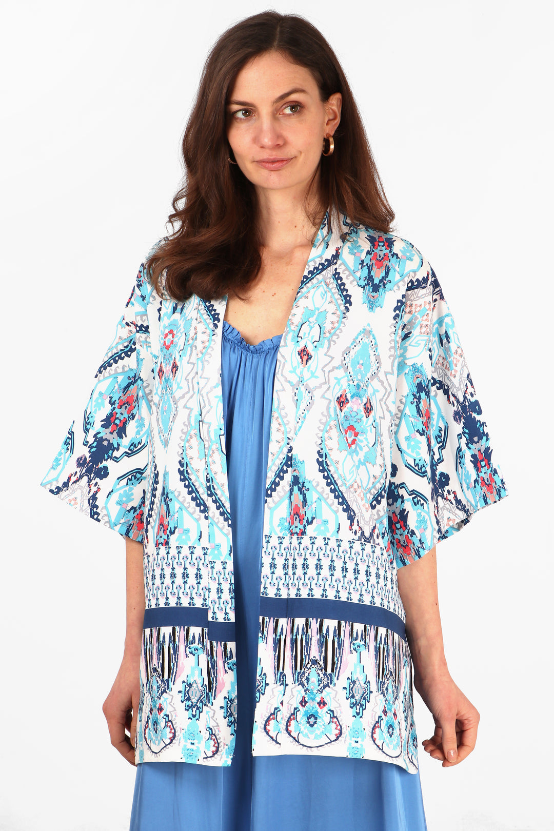 model wearing a light blue mandala pattern open front kimono top with 3/4 sleeves