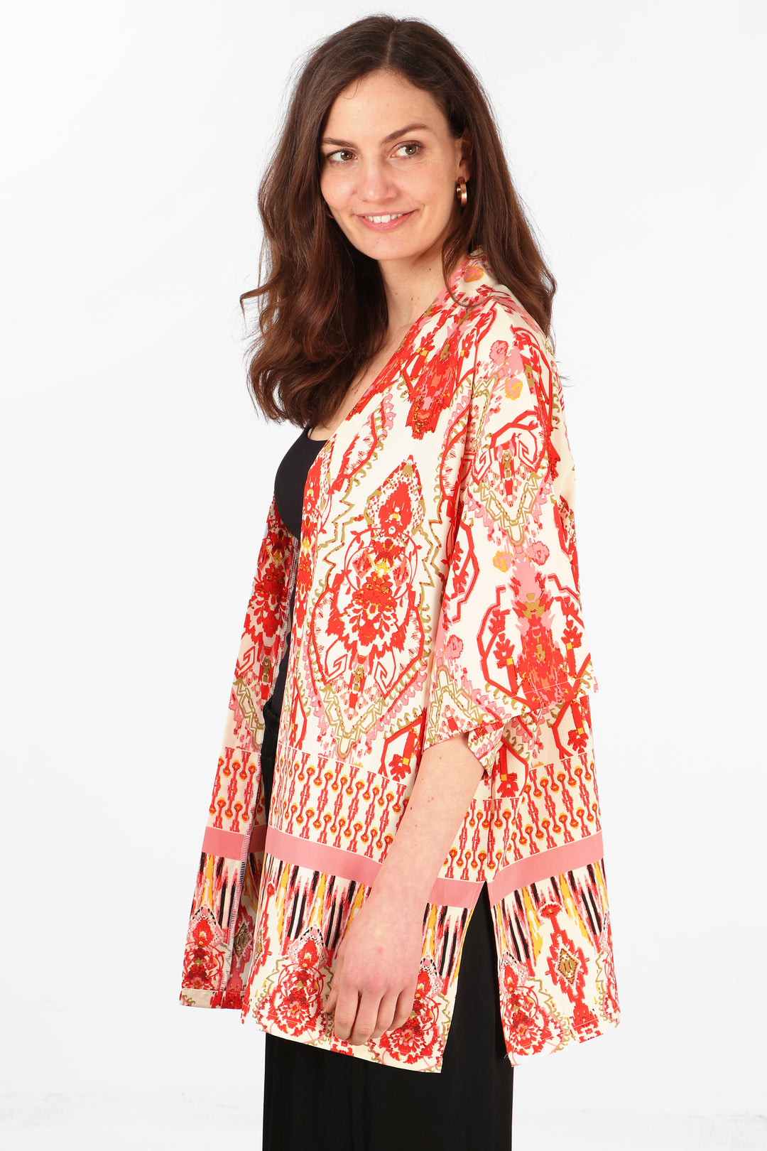 model wearing a short kimono jacket with an all over pink mandala pattern and 3/4 sleeves