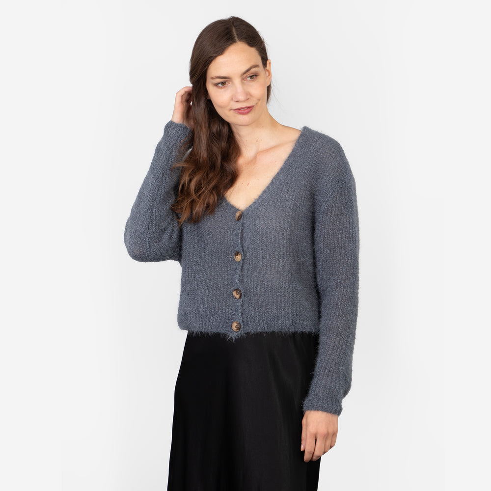 model wearing a heather grey knitted cardigan, with button front and long sleeves