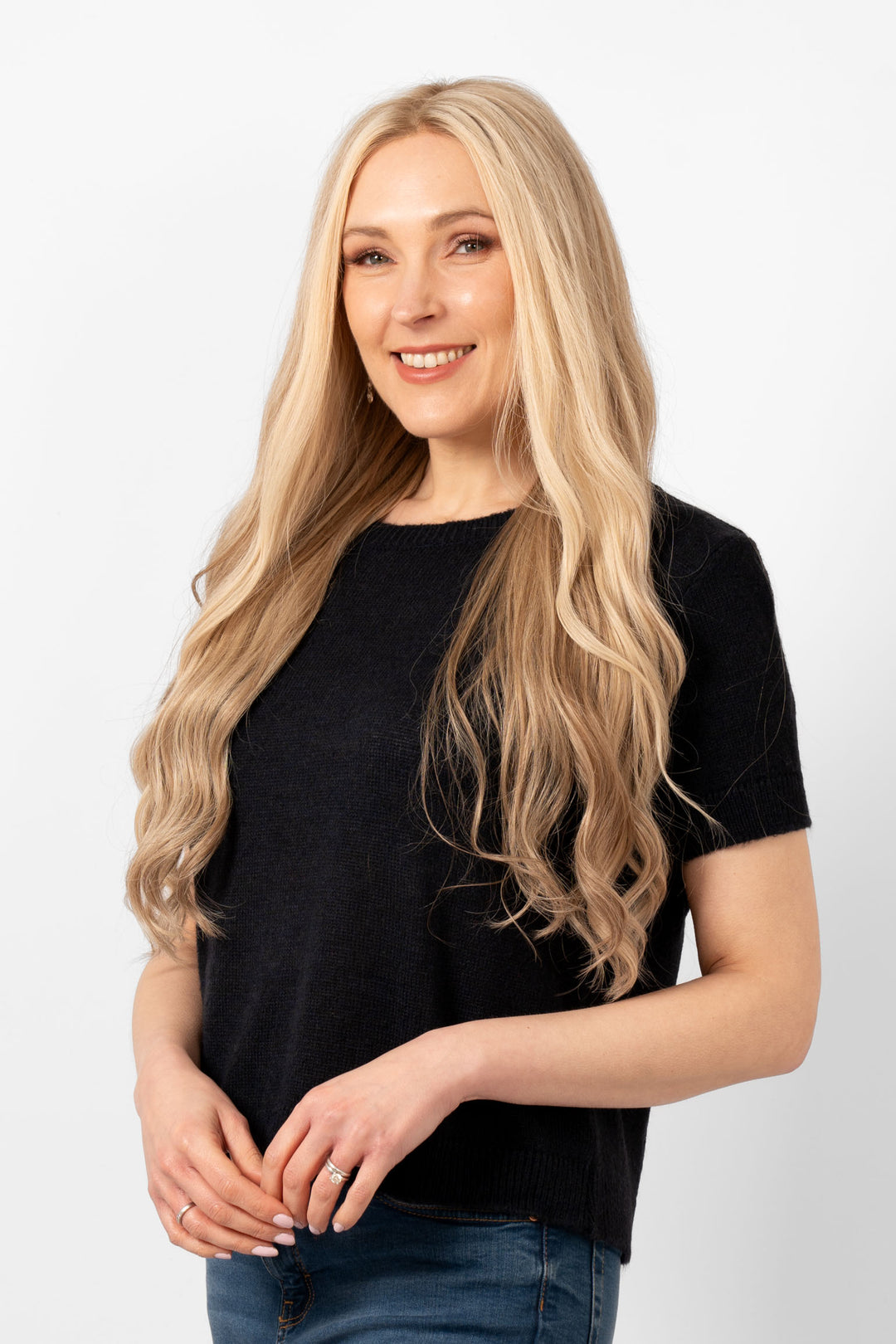Cece Wool Blend Short Sleeve Box Jumper - Navy Blue