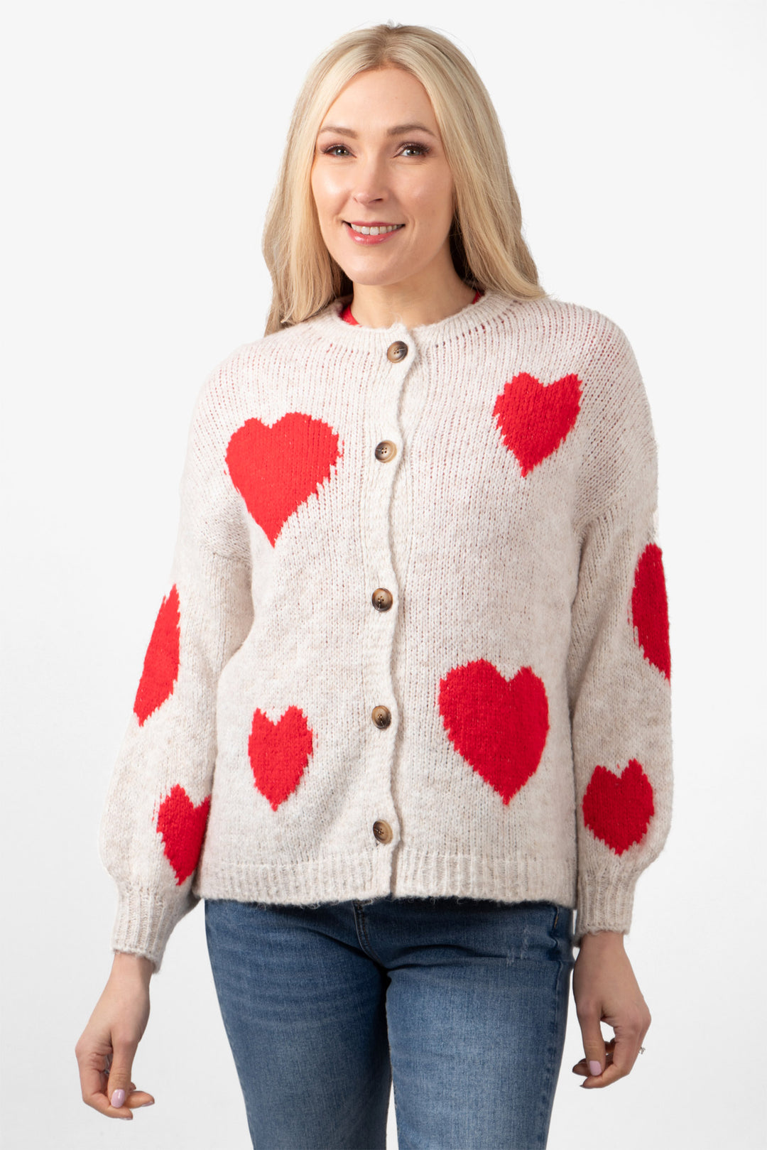 lexi-wool-blend-cardigan-cream-red-love-hearts-model-showing-front-of-the-piece