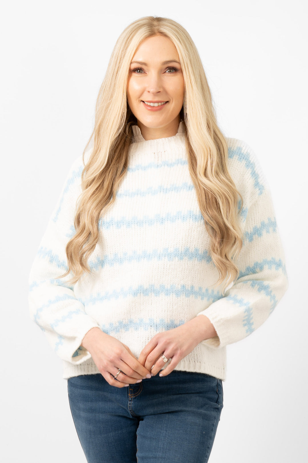 kennedy-wool-blend-jumper-white-light-blue-wavy-stripe-model-showing-the-front-view