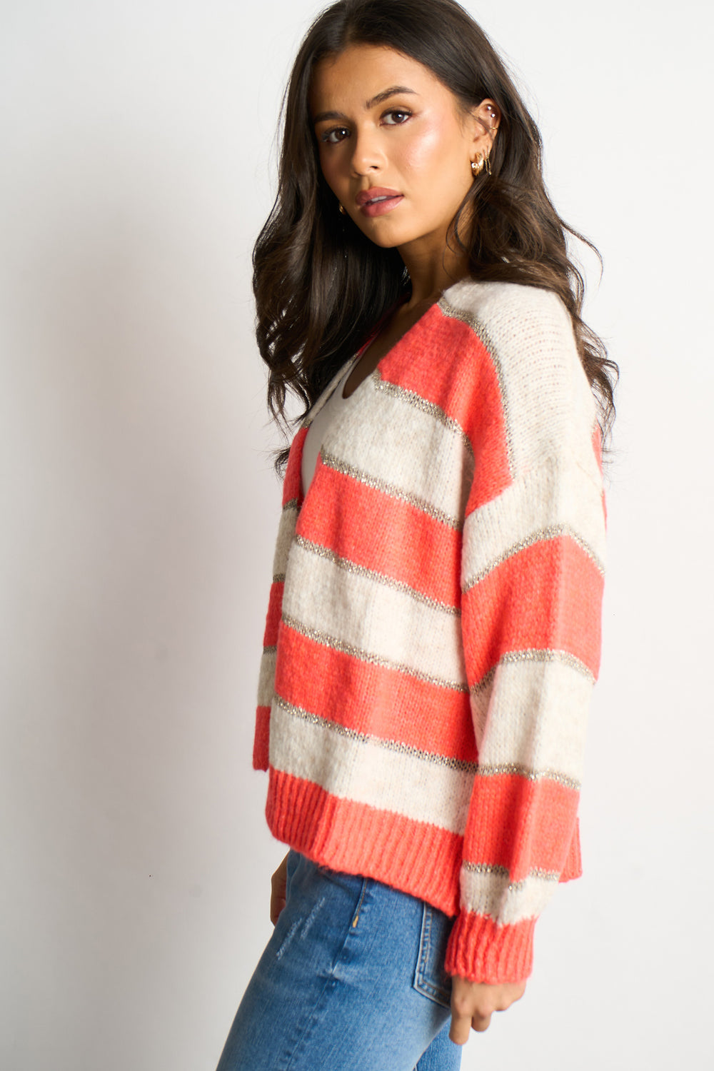Glitter-Striped-Italian-Wool-Blend-Cardigan-in-Coral-Side-View