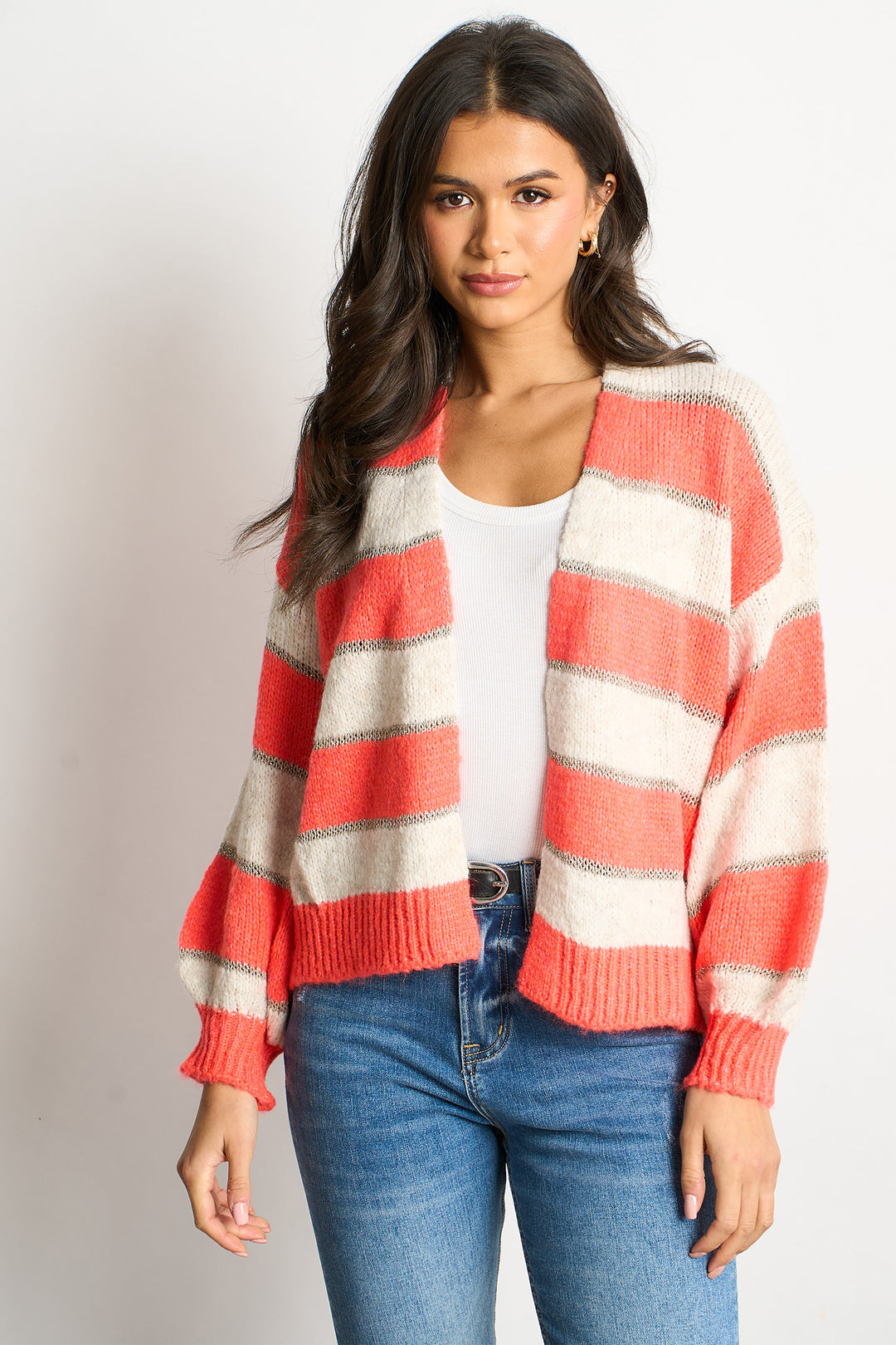 Glitter-Striped-Italian-Wool-Blend-Cardigan-in-Coral-Full-Model