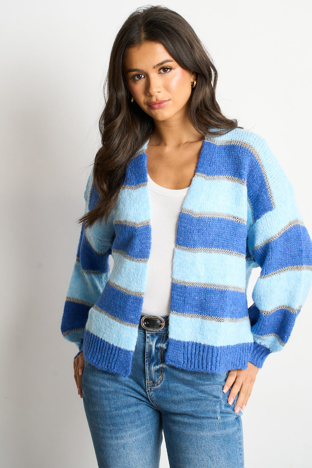Glitter-Striped-Italian-Wool-Blend-Cardigan-in-Blue-Front-View