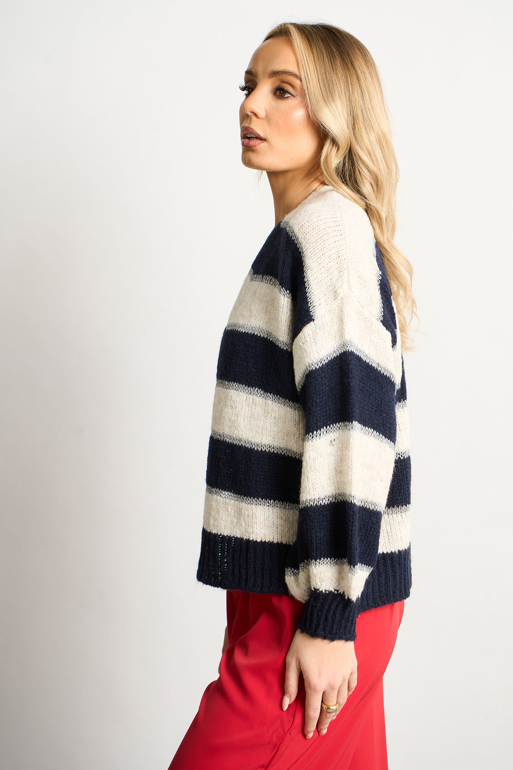 Glitter-Striped-Italian-Wool-Blend-Cardigan-in-Navy-Blue-Side-View