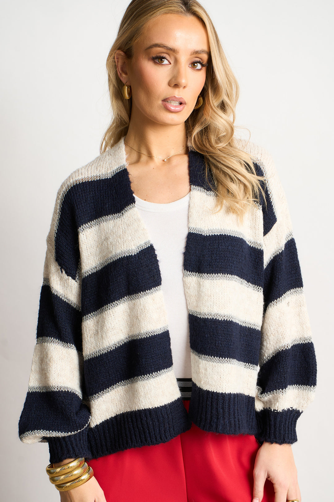 Glitter-Striped-Italian-Wool-Blend-Cardigan-in-Navy-Blue-Front-View