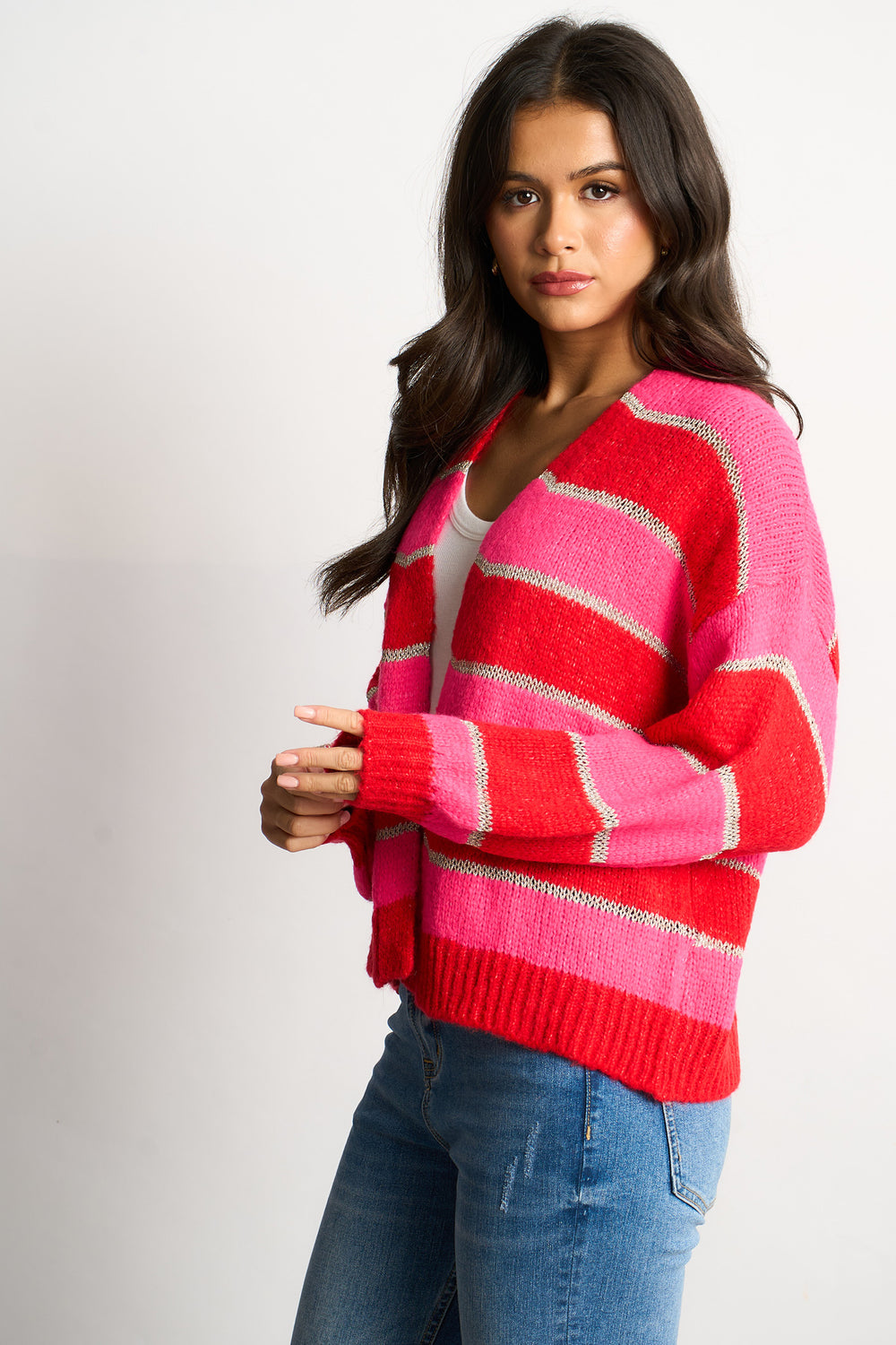 Glitter-Striped-Italian-Wool-Blend-Cardigan-in-Red-Side-View