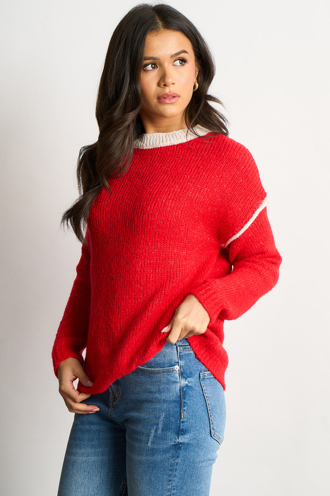 Contrast-Stitch-Italian-Wool-Blend-Jumper-in-Red-Full-Model