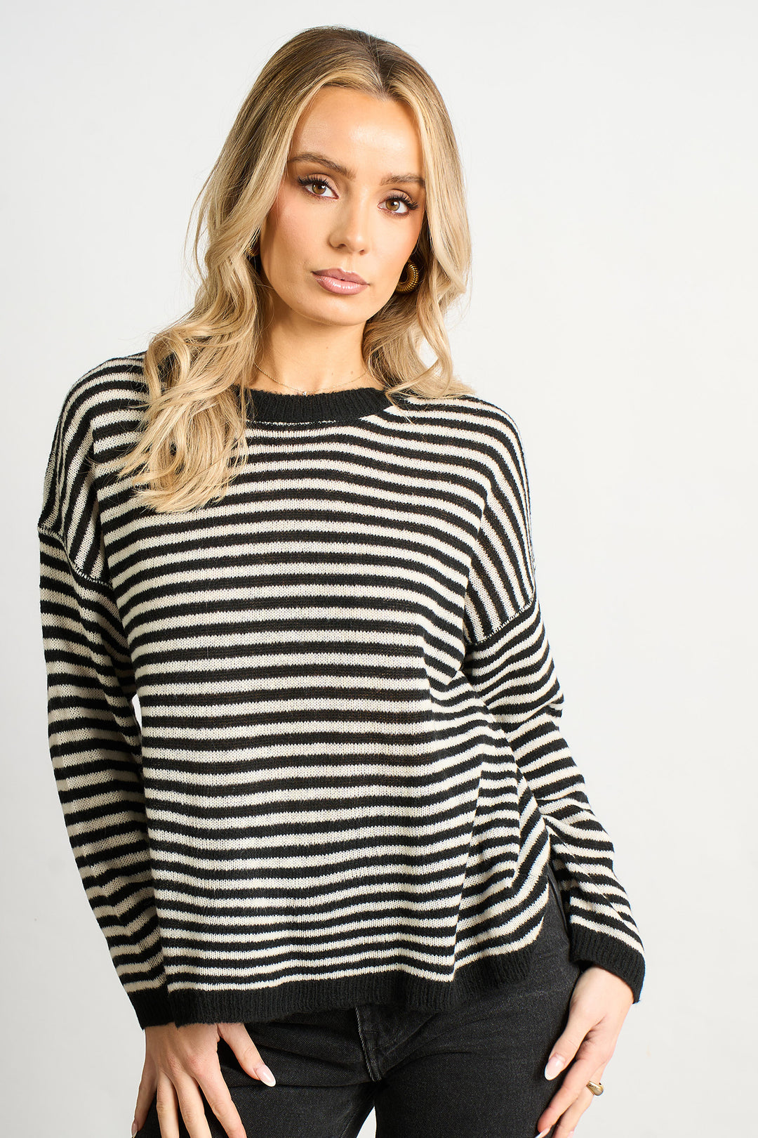 Striped-Italian-Wool-Blend-Knitted-Jumper-in-Black-front