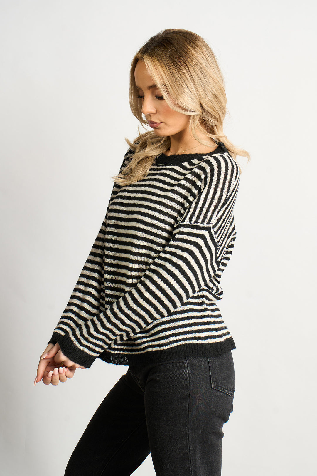Striped-Italian-Wool-Blend-Knitted-Jumper-in-Black-Side